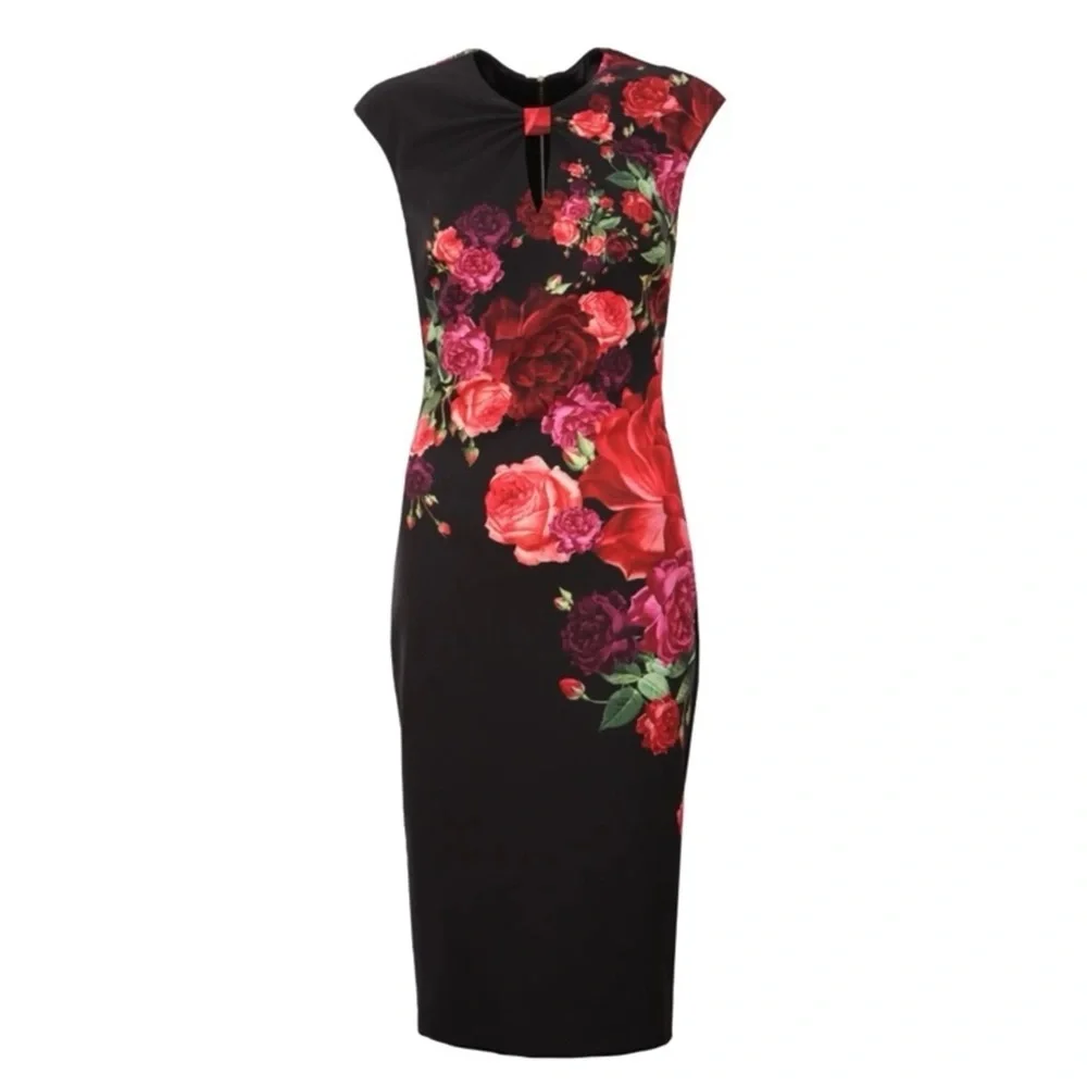 Ted Baker London Mirrie Floral Black Midi Dress sz 1 - Picture 1 of 11